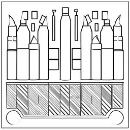 a container filled with bottles that are next to each other,an image of a line drawing of bottles,an image of some bottles and pencils,a coloring page featuring several bottles that have been made into markers,the drawing shows two sections that have different angles, which are different colors