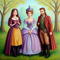 two actors dressed in historical style clothing stand next to each other,a painting of an adult couple dressed in costumes posing next to a man
