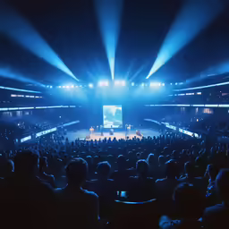 people are sitting at chairs in an arena watching a stage show