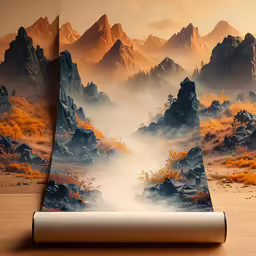 a wall mural with mountains and fog in the background