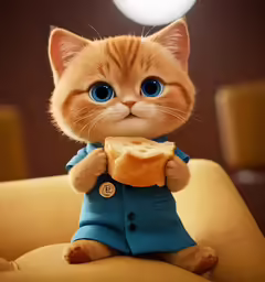 the orange kitten is wearing a blue dress