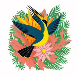 a colorful bird and flowers on a white background,a black and yellow bird on a floral bouquet