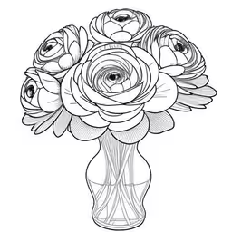 a vase full of roses is the focal point for this black and white drawing,drawing a bouquet in black and white with ink roses,black and white outline of a flower arrangement in a vase,a bouquet of flowers in a vase,a vase with flowers is drawn by hand