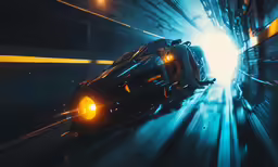 the car goes fast through the tunnel with its headlights on