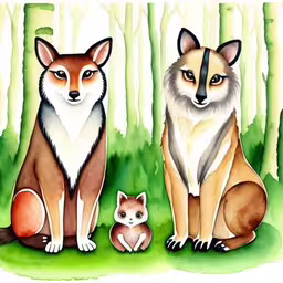 an image of two foxes in the woods,two brown foxes sit next to a baby fox in a green forest,two foxes in the woods with their cubs,the fox and the fox is an original drawing in color,a painting of three foxes sitting in the woods