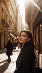 a woman is standing outside the building looking back
