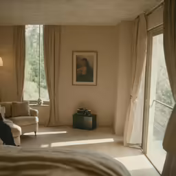 a bedroom with large, open windows in it