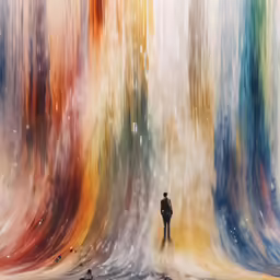 a man is standing in front of an abstract painting