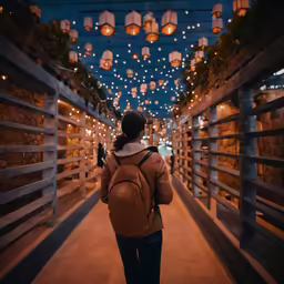 a woman standing in a corridor that is decorated with small lights