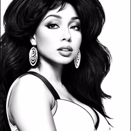 a woman with long dark hair wearing earrings