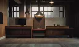 an empty modern office area has large windows