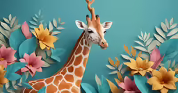 a giraffe in front of several different colored leaves and flowers