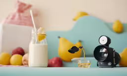 a glass of milk next to an old fashioned camera