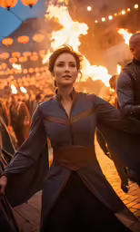 a beautiful woman wearing a dress with a cape standing near a man