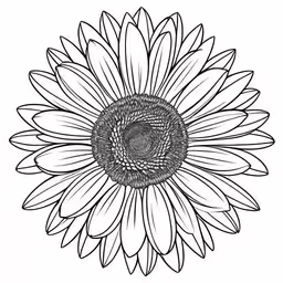 the center of a sunflower drawing in a black and white,a large sunflower with an intricate round design on top