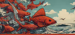a bunch of fish on a body of water,there is a drawing of fish in the water