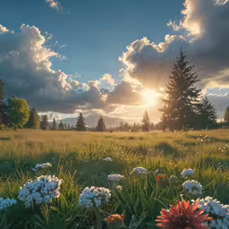 a sun set on a meadow with flowers