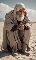 an old man in a desert wearing boots and a turban