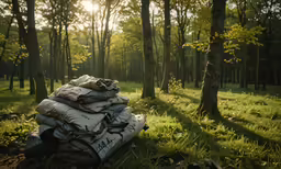 a stack of bags in the middle of a lush green forest