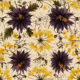 a pattern of a flowered pattern with small yellow and purple flowers