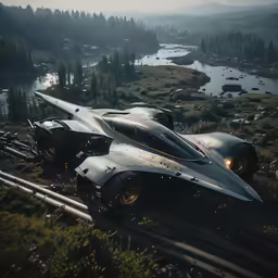 there are two futuristic cars on this mountain track