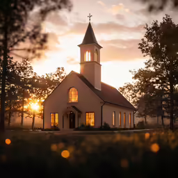 the light from the windows shines on a church at dusk