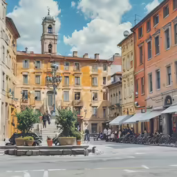 two stone benches with plants in front of an orange building