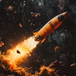 an orange rocket flying up into the air