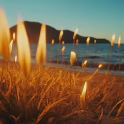 a field full of grass and lights on a beach