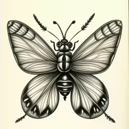 a black and white drawing of a butterfly,a black and white butterfly with wings folded and two ears attached