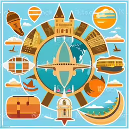 a travel poster showing different things around the world,an artistic composition of travel related items on blue background