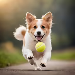 a small dog chasing after a tennis ball