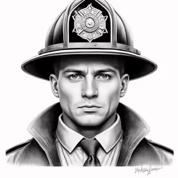 a drawing of a firefighter with his helmet on