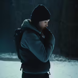 a person in the snow, carrying a black bag