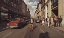 a woman walks down the middle of a crowded city street