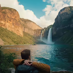 person sitting by the edge of a waterfall facing a body of water