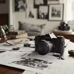 a camera sitting on top of some paper on a table