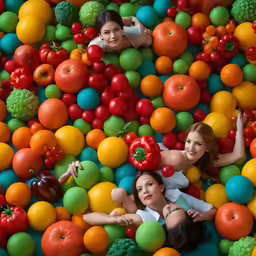 a group of girls floating in a ball pit filled with fruits and vegetables