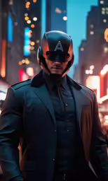 a man in a suit and tie wearing a helmet