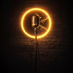 an illuminated microphone in the dark