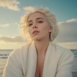 a beautiful blonde woman wearing a white robe standing on the beach