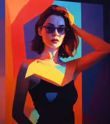 a woman is posing in front of a colorful wall,a painting of a woman with sun glasses