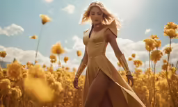 the woman is dressed in all yellow on a field