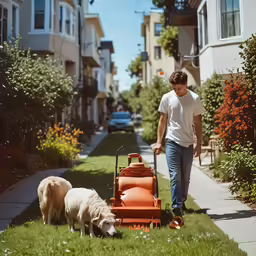 a man with his two dogs walks through the grass