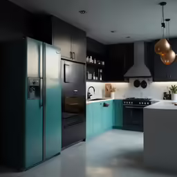 a white kitchen with green cupboards, a teal fridge and large gold hanging lamp