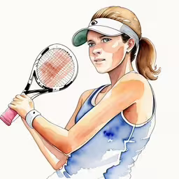 a painting of a young woman holding a tennis racket,a drawing of a woman holding a tennis racquet,a woman holding a tennis racquet in her hand,an artistic portrait of a woman tennis player holding a racket,a drawing of a tennis player is on a white wall