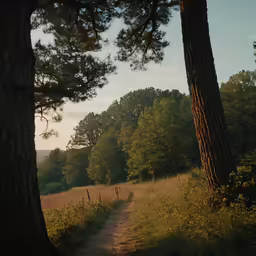 a tree line along a dirt road in a grassy area