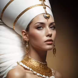 a woman wearing an egyptian hat and necklace