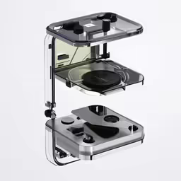 a stereo device sits on top of an ipod stand