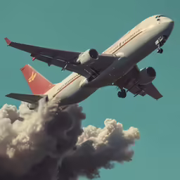 an airplane flying through the air on a cloud of smoke
